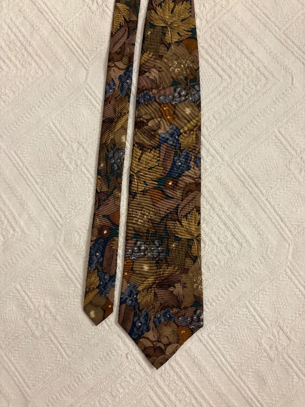 Vintage Pierre Cardin Silk Necktie Fall Foliage Pears Grapes Muted Earth Tone